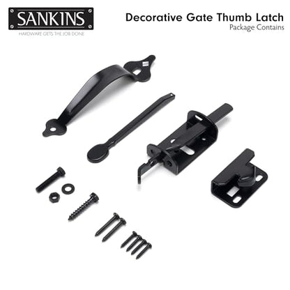 Thumb Gate Latch for Wooden Fence Heavy Duty, Thumb Latch Hardware with 9 inch Decorative Handle, Self Locking Thumb Latch for Swing Gate, Garden, Metal Gate, Vinyl Fence, Black