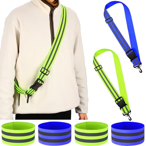 Saintrygo 6 Pcs Reflective Sash for Walking at Night Reflective Strap Arm Band High Visibility Belt Safety Ankle Strap for Visibility Vest Clothing Running Gear - color: Fluorescent Green, Fluorescent Blue