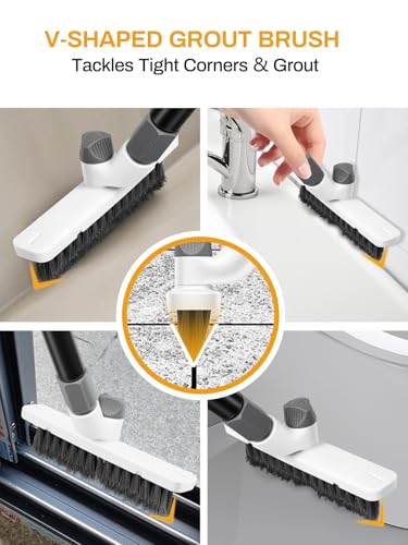 3 in 1 Floor Scrub Brush with Long Handle 55" Push Broom Stiff Bristle Scrubber Brush Squeegee Scrape & Detachable V-Grout Brush for Bathroom Kitchen Tile Deck Patio Garage Concrete Wall Cleaning Tool