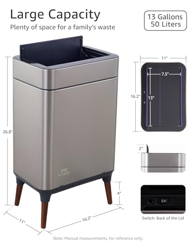 zyz Kitchen Trash Can 13 Gallon / 50L, Automatic Touchless Sensor Garbage Can with Butterfly Lid and Legs, USB 2400mAh Battery, Stainless Steel Soft-Close Trash Bin for Home (20 Count Trash Bags) - color: 20 Count Trash Bags