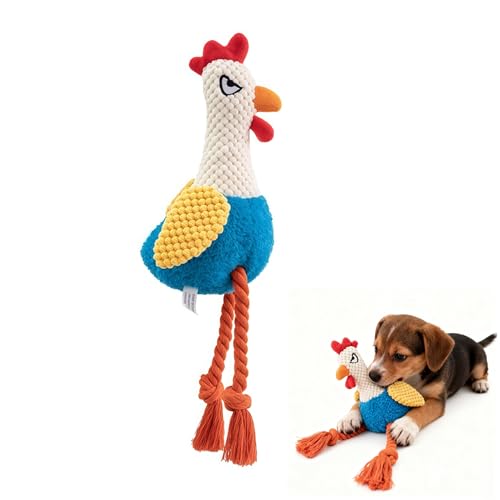 Plush Chicken Dog Toy with Squeaker, Interactive Rope Legs, Colorful Textured Rooster Chew Toy for Small, Medium Dogs, Tug-of-War, Fetch - color: Blue Rooster