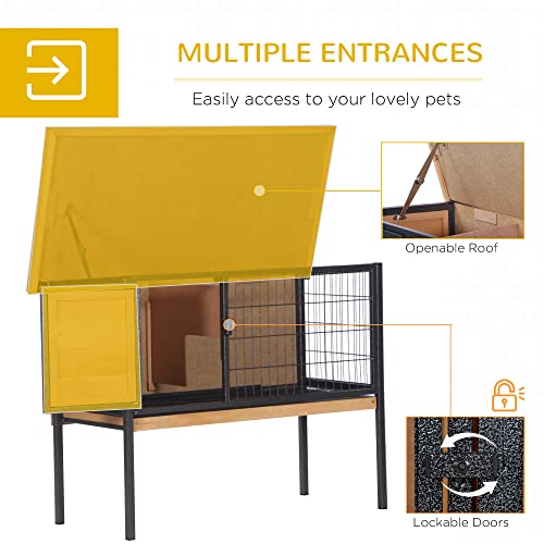 PawHut Rabbit Hutch Elevated Bunny Cage Small Animal Habitat with Metal Frame, No Leak Tray, Metal Wire Pan, Openable Water-Resistant Asphalt Roof for Rabbits, Chickens, Ducks, Indoor/Outdoor Natural - color: Natural Wood