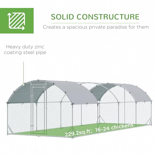 PawHut 9.2' x 24.9' x 6.5' Large Chicken Coop Metal Chicken Run with 210D Waterproof and Anti-UV Cover, Dome Shaped Walk in Fence Cage Hen House for Outdoor and Yard Farm Use, 1" Tube Diameter - size: 299.2"L x 110.2"W x 77.6"H