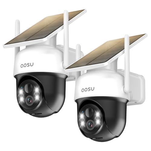 aosu Solar Camera Outdoor Wireless - 100% Wire-Free Outdoor Security Camera Wireless with Fixed Solar Panel,360° Panoramic View, Human Auto Tracking, 2K Color Night Vision - color: 2 Pack