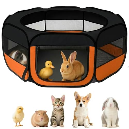 UWE Extra Large Small Animal Playpen, XL Portable Pet Playpen for Rabbit, Kitten, Guinea Pig, Hamster, Puppy – Waterproof Foldable Mesh Tent with Zipper Cover, Indoor Outdoor Use, Orange - color: Orange