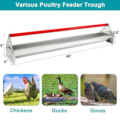 Chicken Feeding Trough, Heavy Duty Galvanized Steel Feeder with Drainage Holes & Crossbar, 45in Poultry Feeder Trough for Chicken, Duck, Geese, Turkey, Rabbit and Pigeon