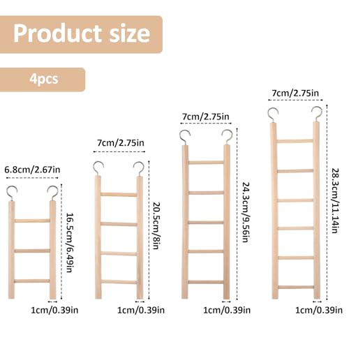 EupHHonycs 4PCS Wooden Ladders for Bird Cages 4 Sizes Wooden Ladder Birds Toys Parrot Step Ladders Cage Hanging Bird Climbing Toys for Parakeets, Parrots, Cockatoo and Lovebirds