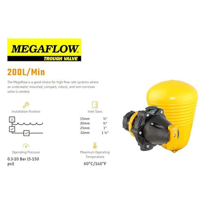 Jobe Valves J-MFV0125DLT Megaflow Trough Valve, 1.25" NPT w/DLT (Detach Base Long Tail), High Flow Float Valve for Livestock Water Troughs & Tanks, Underwater Mount, 5–150 PSI, Corrosion Resistant