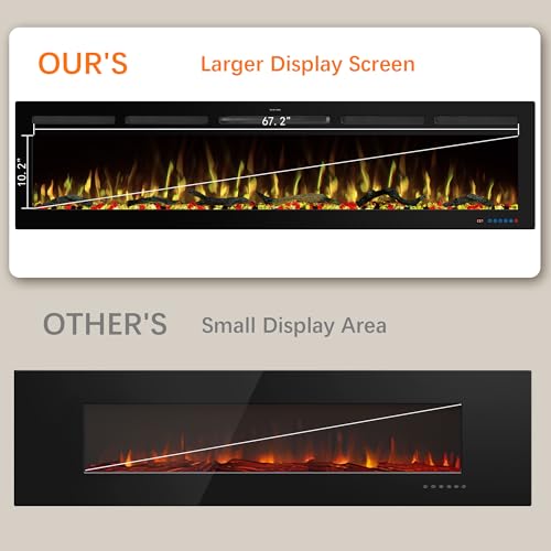 72" WiFi Electric Fireplace, Recessed and Wall Mounted Fireplace Heater, 13 Flame & Fuel Bed Colors, 5 Brightness, Thermostat, Timer, App and Remote Control, 750/1500W - size: 72" WiFi