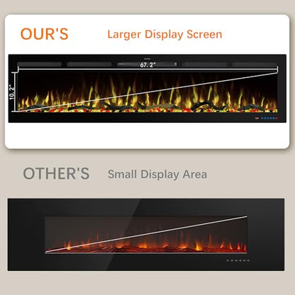 72" WiFi Electric Fireplace, Recessed and Wall Mounted Fireplace Heater, 13 Flame & Fuel Bed Colors, 5 Brightness, Thermostat, Timer, App and Remote Control, 750/1500W - size: 72" WiFi