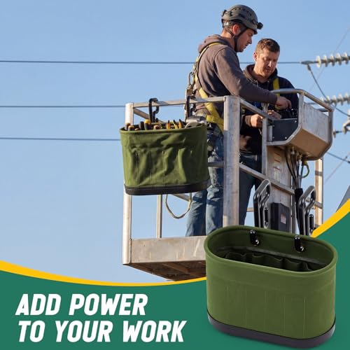 Vesici 1 Set Military Green Canvas Bucket Bag Including Hooks Aerial Oval Lineman Tool Bucket with Black Polypropylene Bottom 15 Pockets Tool Organizer for Industrial Maintenance Construction Sites - color: Military Green