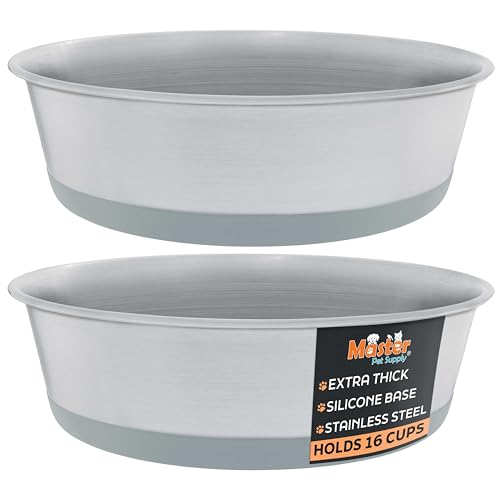 Master Pet Supply Stainless Steel Dog Bowls Set of 2 with Extra Thick Silicone Base - 16 Cup (128 oz) Graphite, Non-Slip, Dishwasher Safe Metal Bowls, Pet Dog Food Bowl for Dogs, Cats, Anti Rust - color: Graphite, size: 16 Cups (128 oz) 2 Pack