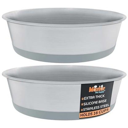 Master Pet Supply Stainless Steel Dog Bowls Set of 2 with Extra Thick Silicone Base - 16 Cup (128 oz) Graphite, Non-Slip, Dishwasher Safe Metal Bowls, Pet Dog Food Bowl for Dogs, Cats, Anti Rust - color: Graphite, size: 16 Cups (128 oz) 2 Pack