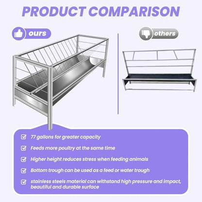 77Gal Pasture Hay Feeder, 2-in-1 Multi-Functional Livestock Feeder, Elevated & Stable Frame, Large Volume Stainless Steel Container for Farm Ranch Kinds of Livestock