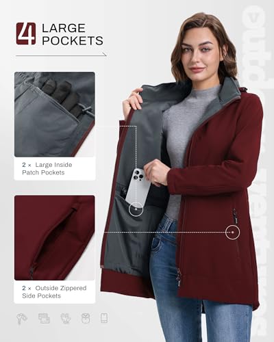 Outdoor Ventures Women's Softshell Jacket with Removable Hood Fleece Lined Windbreaker Insulated Long Warm Rain Jacket - color: Wine, size: Large