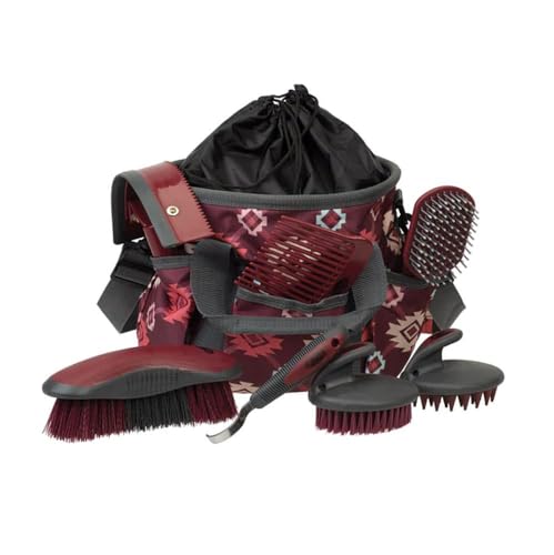 Weaver Equine Horse Grooming Kit, 7-Piece Horse Brush Set with Organizer Tote Bag, Hoof Pick, Comb, Sweat Scraper, Equine Tools for Daily Grooming, Plaid Aztec - color: Black/Tan