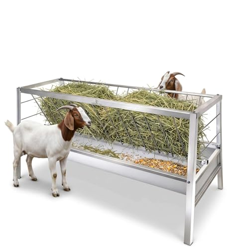 Outdoor Galvanized Goat Feeder, 2-in-1 hay Feeder and Enclosed Feed Trough Combo, Weather-Resistant Steel Rack for Goats and Sheep, Holds 55 Gal Hay for Small Farms - color: white