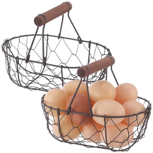 2 Pcs Chicken Wire Egg Baskets, Farmhouse Chicken Egg Collecting Baskets, Rustic Metal torages with Wooden Handle, Small Stackable Holders for Fruits, Vegetables, Sundries