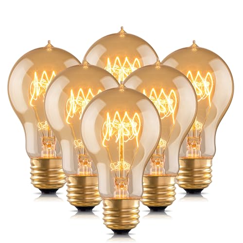 Warm Incandescent Light Bulbs 60 Watt,A19/A60 Vintage Style Edison Bulbs E26,Soft Yellow Light Bulbs,Amber Bulbs,Retro Light Bulb Old Fashioned,Halogen Dimmable Edison Bulb Squirrel Cage - size: 6 Count (Pack of 1)