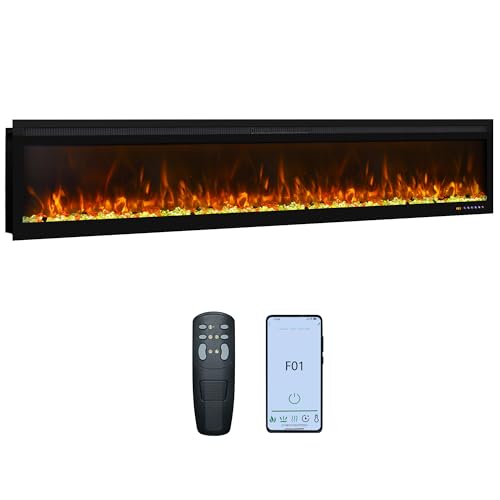 Narrow Frame WiFi Electric Fireplace 78 Inch, Wall Mount or in-Wall Recessed Fireplace Heater, App/Remote Control,Adjustable Flame Effects, 9H Timer & Low Noise, 750W/1500W, Black - size: 78 Inch WiFi