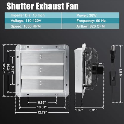 10 Inch Upgraded Shutter Exhaust Fan with Speed Controller & Thermostat, 820 CFM Wall Mounted Exhaust Fan, Ventilation Attic Fans for Greenhouse, Garage, Warehouse, Shed, Basement, Chicken Coop - size: 10 Inch Shutter Exhaust Fan