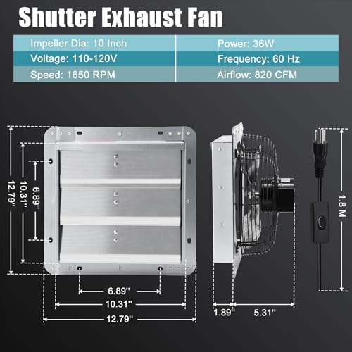10 Inch Upgraded Shutter Exhaust Fan with Speed Controller & Thermostat, 820 CFM Wall Mounted Exhaust Fan, Ventilation Attic Fans for Greenhouse, Garage, Warehouse, Shed, Basement, Chicken Coop - size: 10 Inch Shutter Exhaust Fan