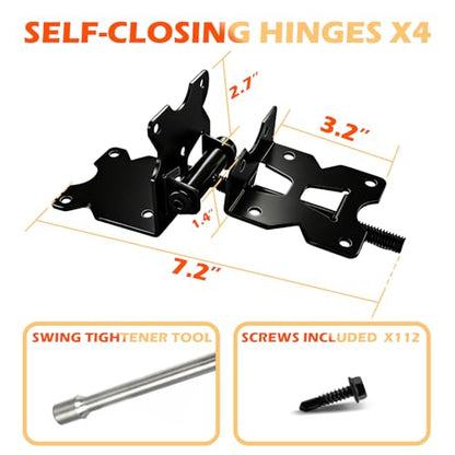 Heavy Duty Self-Closing Gate Hinges for Vinyl & Wooden Fence Gates, 90° Adjustable Hinges Kit with Swing Adjuster Tool and Self-Tapping Screws, Non-Weld Black Finish,4-Pack - size: Gate Hinges-4 Pcs