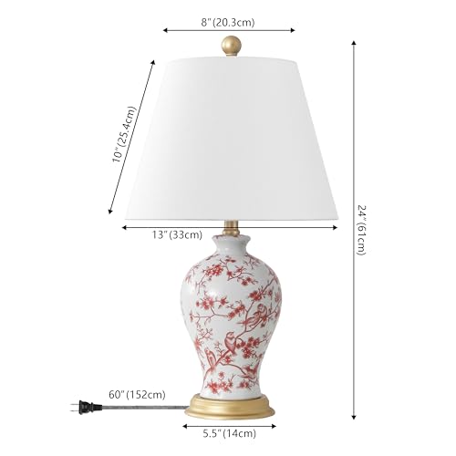 JONATHAN Y 24" White/Red French Country Ceramic Floral Urn Table Lamp, White Linen Shade, Chinoiserie Ginger Jar Bedside Lamp for Living Room Bedroom, LED Bulb (JYL3009C) - color: White/Red