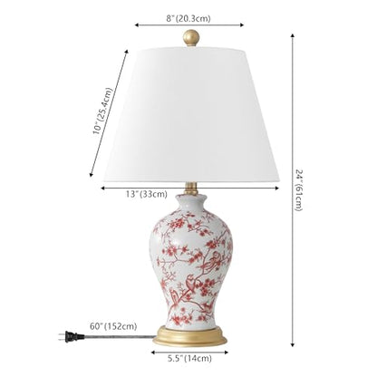 JONATHAN Y 24" White/Red French Country Ceramic Floral Urn Table Lamp, White Linen Shade, Chinoiserie Ginger Jar Bedside Lamp for Living Room Bedroom, LED Bulb (JYL3009C) - color: White/Red
