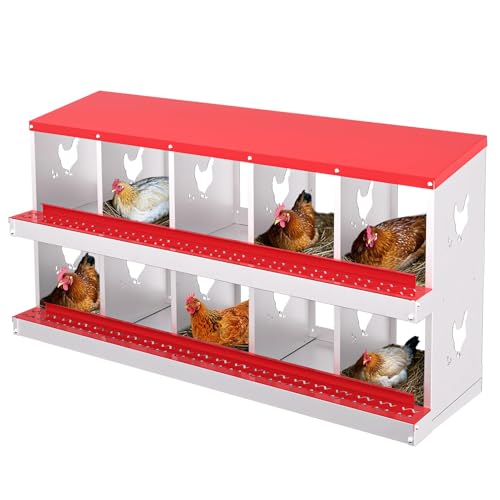 Chicken Nest Box,10-Compartment Egg-Laying Box with Legs, Roll Away Eggs Laying Box, Convenient for Collecting Eggs, Ventilated Chicken Poultry Equipment, for Hens, Ducks. Red. - color: Red, size: 10 Holes without legs