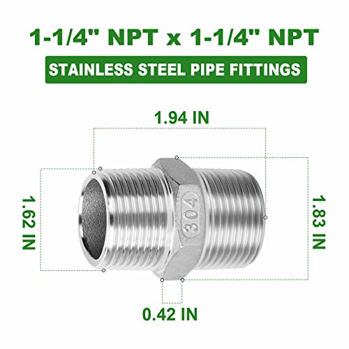TAISHER 2PCS Cast 304 Stainless Steel Hex Nipple, Pipe Fitting 1-1/4 Inch Male Pipe x 1-1/4 Inch Male Pipe - size: 1-1/4" NPT