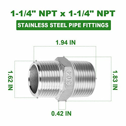 TAISHER 2PCS Cast 304 Stainless Steel Hex Nipple, Pipe Fitting 1-1/4 Inch Male Pipe x 1-1/4 Inch Male Pipe - size: 1-1/4" NPT
