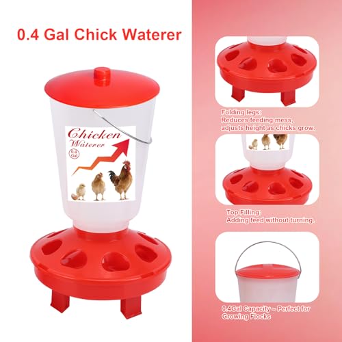 Chick Feeder and Waterer Set Top Fill 3.3LB Feeder and 0.4Gal Waterer with 3 Adjustable Heights Legs for Chicks