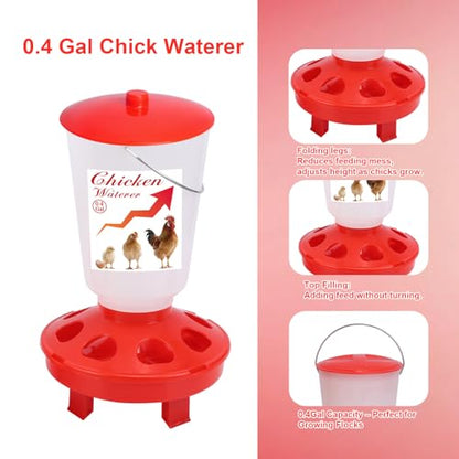 Chick Feeder and Waterer Set Top Fill 3.3LB Feeder and 0.4Gal Waterer with 3 Adjustable Heights Legs for Chicks