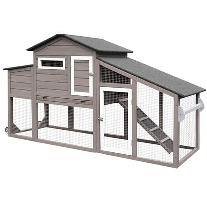 Chicken Coop with Wheels, Weatherproof Outdoor Chicken Hen Houses with Run, 2 Story Wooden Poultry Coops Rabbit Hutch for 2-3 Chickens Bunny with Leakproof Tray, Nesting Boxes, Ramp - color: 79" L Gray