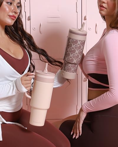 40 oz Insulated Tumbler with Handle and Push-Button Straw Lid, Stainless Steel Travel Cup for Gym Office, Leakproof, BPA-Free, Cup Holder Friendly, Bow Silicone Boot, Beige (Cream Latte) - color: Cream Latte