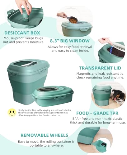 20-50 Lbs Food Storage Containers,Collapsible Rice Container with Wheel Airtight Locking Lid,Flour Storage Container with Small Food Jar and Scoop,Suitable for Food,Rice,Pet Food,Flour - color: Green/20-50LBS