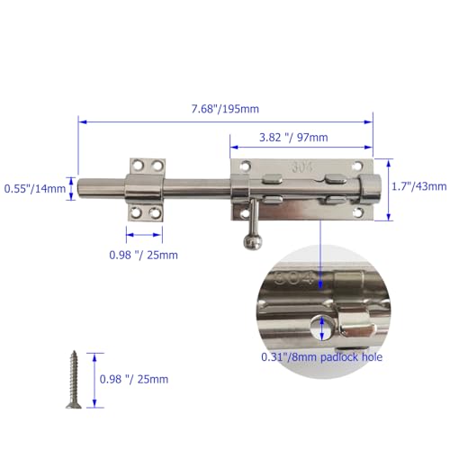 8 Inch Thick Slide Barrel Door Bolt Latch Heavy Duty Gate Lock,Slide Bolt Latch, 304 Stainless Steel Bolt Lock with Padlock Hole, Shed Door Latch for Wooden Fence - Silver - size: 8 Inch - Silver