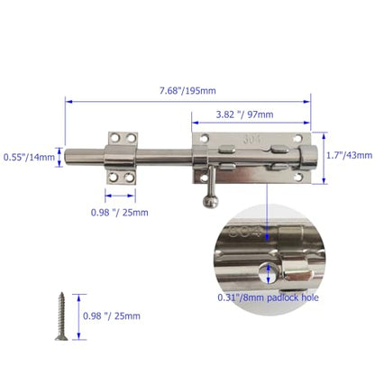8 Inch Thick Slide Barrel Door Bolt Latch Heavy Duty Gate Lock,Slide Bolt Latch, 304 Stainless Steel Bolt Lock with Padlock Hole, Shed Door Latch for Wooden Fence - Silver - size: 8 Inch - Silver