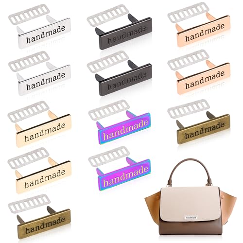TXIN 12 Pieces Handmade Metal Labels with Shim Rectangle Alloy Tags Hand Made Printed Signs Label for DIY Crafts Sewing Items Purses Bags Shoes - color: Mix Color