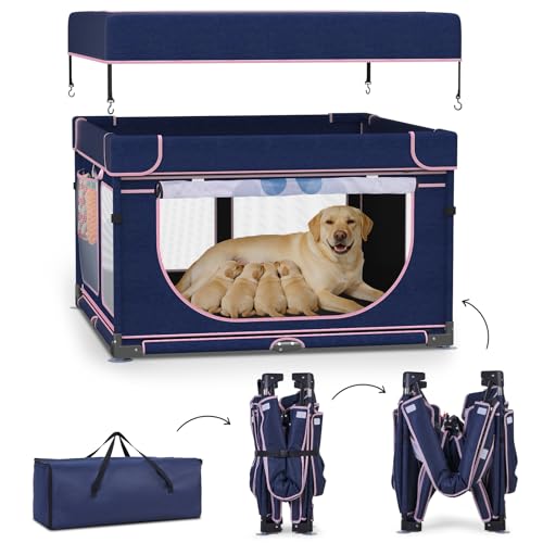 LOOBANI Foldable Whelping Box for Dogs and Puppies: 1 Min Setup Pet Puppy Playpen Indoor with Cover & Waterproof Bottom, Portable Birthing Box for Dog Cat Duck-43.3"x43.3"x27.1"│Patented (Blue+Pink) - color: Blue-Pink