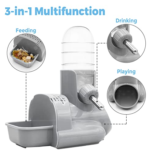 VANNON 3 in 1 Hamster Water Bottle No Drip Small Animal Water Bottle Automatic Bottle Dispenser with Food Container Base Hut and Hideout Base 4oz/120ml,Leekproof, BPA Free - color: Grey
