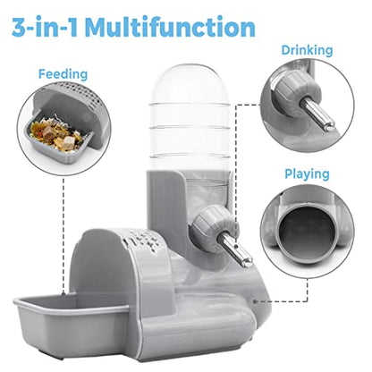VANNON 3 in 1 Hamster Water Bottle No Drip Small Animal Water Bottle Automatic Bottle Dispenser with Food Container Base Hut and Hideout Base 4oz/120ml,Leekproof, BPA Free - color: Grey
