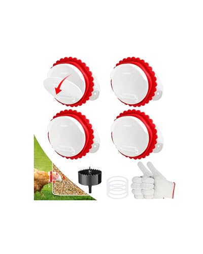 Chicken Feeder No Waste, DIY Automatic Poultry Feeder Ports with Hole Saw & Gloves, Durable Rain Proof Poultry Feeder Port for Buckets, Barrels, Bins and Troughs