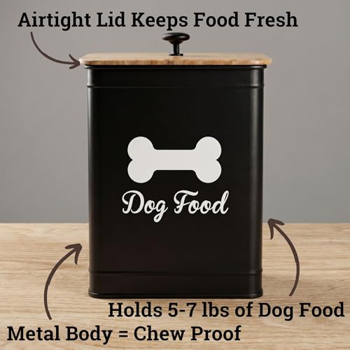 Dog Food Container Airtight Bamboo Lid 5-7 lb, 25 Cups, Sturdy Metal Handle | Pet Jar For Dogs up to 50lbs, Airtight Bamboo Lid, Sturdy Comfortable Metal Handle, Powder Coated Iron, Kibble Storage Bin - color: Black