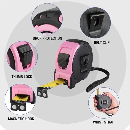 WORKPRO 25FT Pink Tape Measure, 1/8 Fractions Easy Read Measuring Tape, Retractable Nylon Coating Measurement Tape Accuracy 1/32, Magnetic Hook, Belt Clip, Rubber Protective Casing - Pink Ribbon - color: Pink, size: 7.6 m