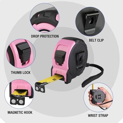 WORKPRO 25FT Pink Tape Measure, 1/8 Fractions Easy Read Measuring Tape, Retractable Nylon Coating Measurement Tape Accuracy 1/32, Magnetic Hook, Belt Clip, Rubber Protective Casing - Pink Ribbon - color: Pink, size: 7.6 m