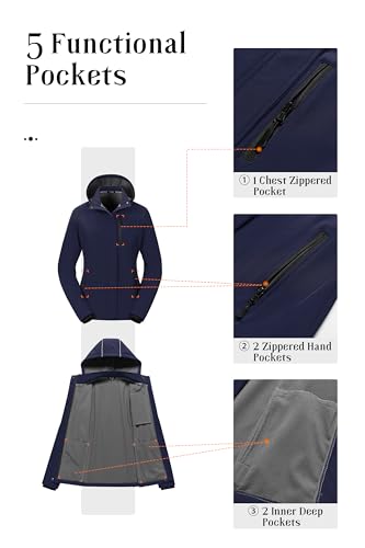 Pursky Women's Softshell Jacket Lightweight Fleece Lined Rain Jacket Waterproof Warm Windbreaker Coat With Removable Hood - color: Navy Blue, size: X-Small