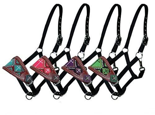 Showman Leather Bronc Halter w/Beaded Cross Design - color: Lime Green