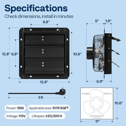 VIVOHOME 10" Shutter Exhaust Fan with EC Motor – 900 CFM, Variable Speed, Timer, Wall-Mounted for Attic, Garage, Greenhouse, Chicken Coop, Barn Ventilation - size: 10"